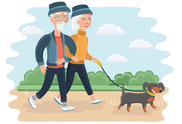 senir-couple-walking-the-dog-cartoon