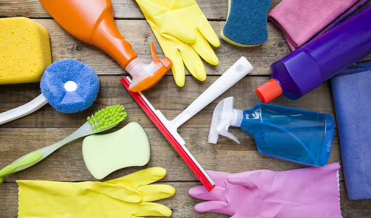 House cleaning product on wood table