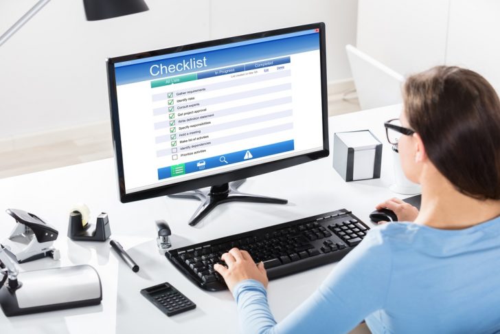 woman, reading, checklist, computer